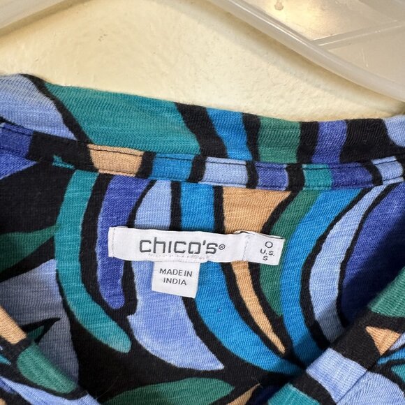 Chicos Womens Shirt Abstract Print 3/4 Sleeve Top Blue Green Size 0 US Medium - Picture 2 of 7